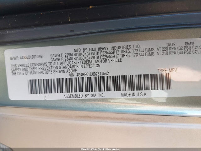 46128099 :رقم المزاد ، 4S4BP61C097311542 vin ، 2009 Subaru Outback 2.5i مزاد بيع