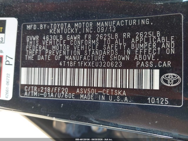 46128106 :رقم المزاد ، 4T1BF1FKXEU320623 vin ، 2014 Toyota Camry Se مزاد بيع