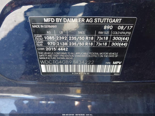 Продажа на аукционе авто 2018 Mercedes-benz Gla Gla 250, vin: WDCTG4GB9JJ434222, номер лота: 46128109