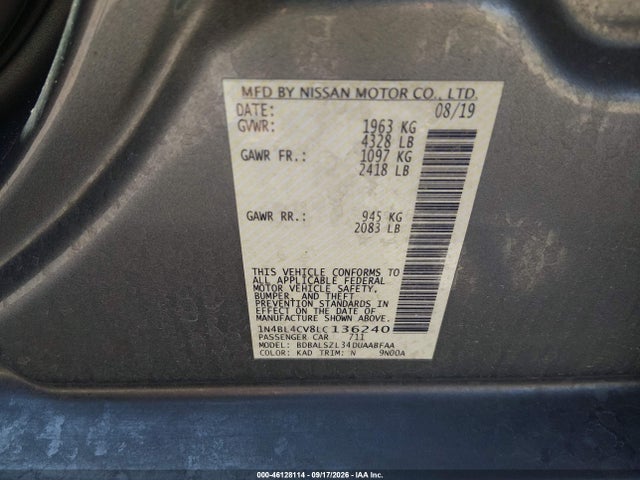 46128114 :رقم المزاد ، 1N4BL4CV8LC136240 vin ، 2020 Nissan Altima Sr Fwd مزاد بيع