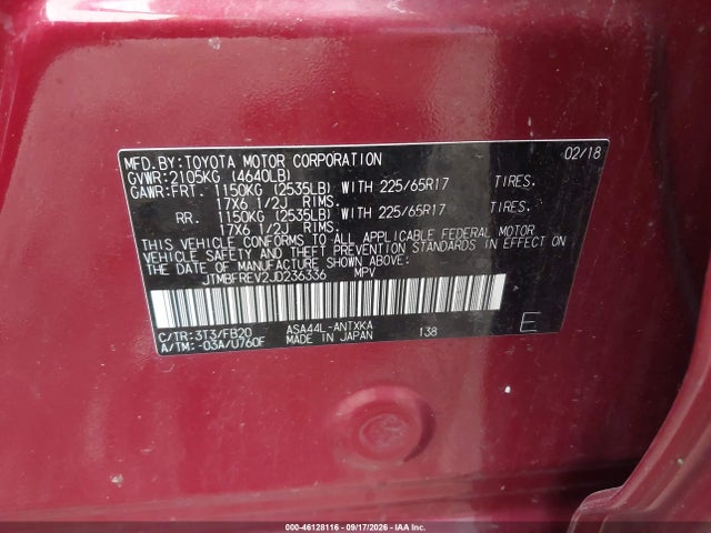 Продажа на аукционе авто 2018 Toyota Rav4 Le, vin: JTMBFREV2JD236336, номер лота: 46128116