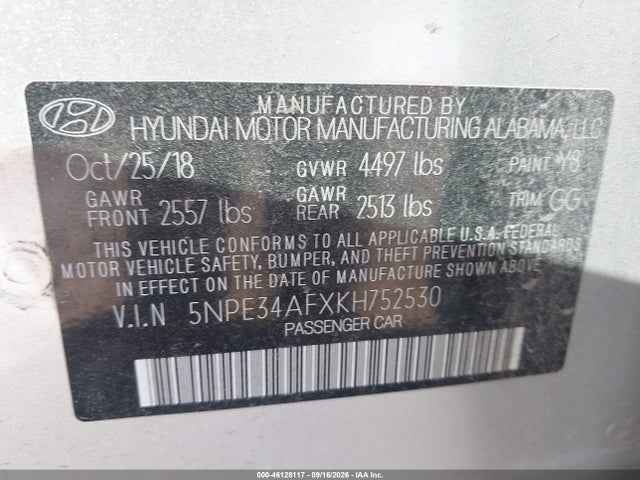 Продажа на аукционе авто 2019 Hyundai Sonata Limited, vin: 5NPE34AFXKH752530, номер лота: 46128117