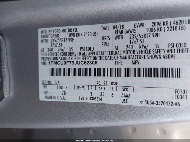 Aukcja sprzedaży 2018 Ford Escape S, vin: 1FMCU0F79JUC62806, numer aukcji: 46128146