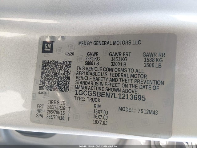 2020 Chevrolet Colorado 2wd  Short Box Wt მანქანა იყიდება აუქციონზე, vin: 1GCGSBEN7L1213695, აუქციონის ნომერი: 46128159