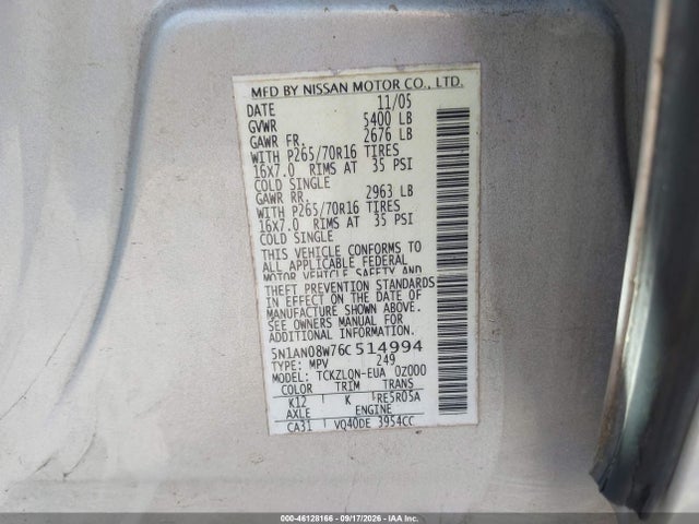 2006 Nissan Xterra X მანქანა იყიდება აუქციონზე, vin: 5N1AN08W76C514994, აუქციონის ნომერი: 46128166