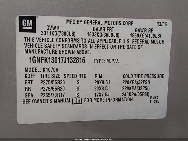 2007 Chevrolet Tahoe Ltz მანქანა იყიდება აუქციონზე, vin: 1GNFK13017J132816, აუქციონის ნომერი: 46128168