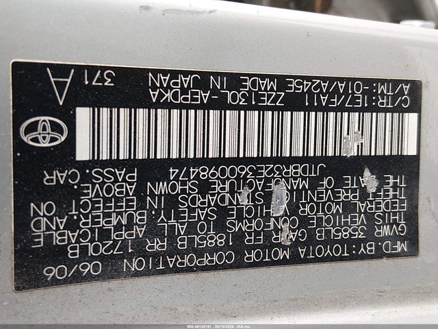 46128191 :رقم المزاد ، JTDBR32E360098474 vin ، 2006 Toyota Corolla Ce مزاد بيع