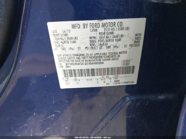46128192 :رقم المزاد ، 2FMDK4GC2DBA60266 vin ، 2013 Ford Edge Se مزاد بيع