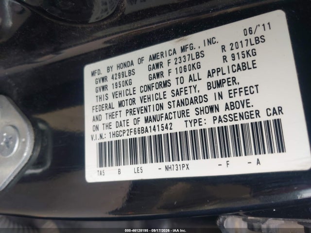 Aukcja sprzedaży 2011 Honda Accord 2.4 Se, vin: 1HGCP2F66BA141542, numer aukcji: 46128195