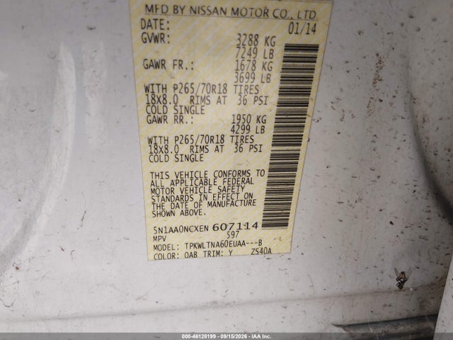 2014 Nissan Armada Platinum/sl/sv მანქანა იყიდება აუქციონზე, vin: 5N1AA0NCXEN607114, აუქციონის ნომერი: 46128199