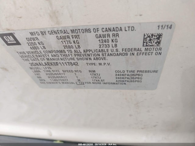 Продажа на аукционе авто 2015 Chevrolet Equinox Ls, vin: 2GNALAEK6F1117842, номер лота: 46128208