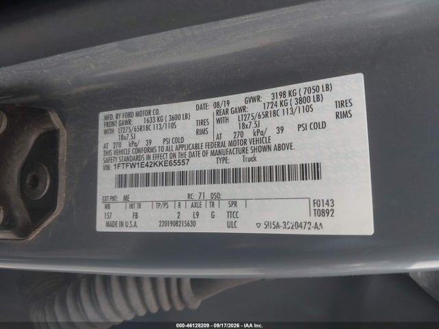 2019 Ford F-150 Xlt მანქანა იყიდება აუქციონზე, vin: 1FTFW1E42KKE65557, აუქციონის ნომერი: 46128209