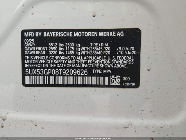 Продаж на аукціоні авто 2026 Bmw X3 30 Xdrive, vin: 5UX53GP08T9209626, номер лоту: 46128223