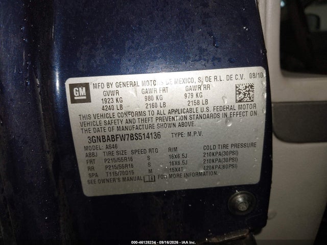 2011 Chevrolet Hhr Lt მანქანა იყიდება აუქციონზე, vin: 3GNBABFW7BS514136, აუქციონის ნომერი: 46128234