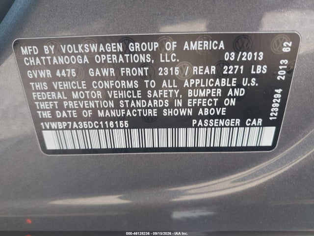Aukcja sprzedaży 2013 Volkswagen Passat 2.5l Se, vin: 1VWBP7A35DC116155, numer aukcji: 46128236