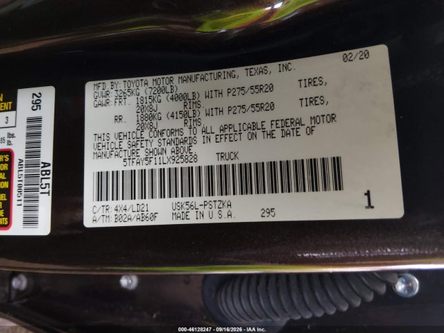 Продаж на аукціоні авто 2020 Toyota Tundra 1794 Edition, vin: 5TFAY5F11LX925828, номер лоту: 46128247