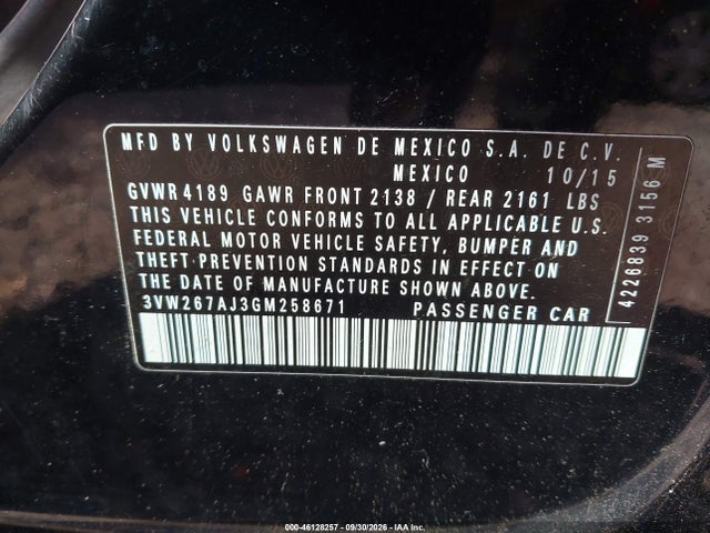46128257 :رقم المزاد ، 3VW267AJ3GM258671 vin ، 2016 Volkswagen Jetta 1.4t S مزاد بيع