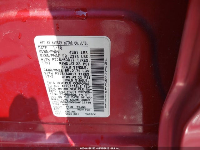 46128265 :رقم المزاد ، JN8AS5MV0AW126749 vin ، 2010 Nissan Rogue S Krom Edition مزاد بيع