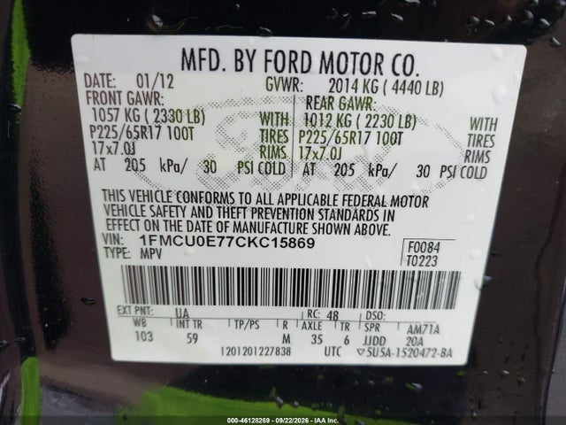 2012 Ford Escape Limited მანქანა იყიდება აუქციონზე, vin: 1FMCU0E77CKC15869, აუქციონის ნომერი: 46128269