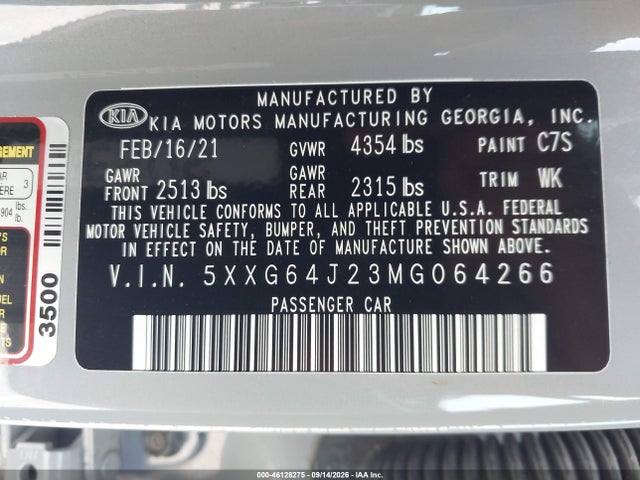 2021 Kia K5 Gt-line მანქანა იყიდება აუქციონზე, vin: 5XXG64J23MG064266, აუქციონის ნომერი: 46128275