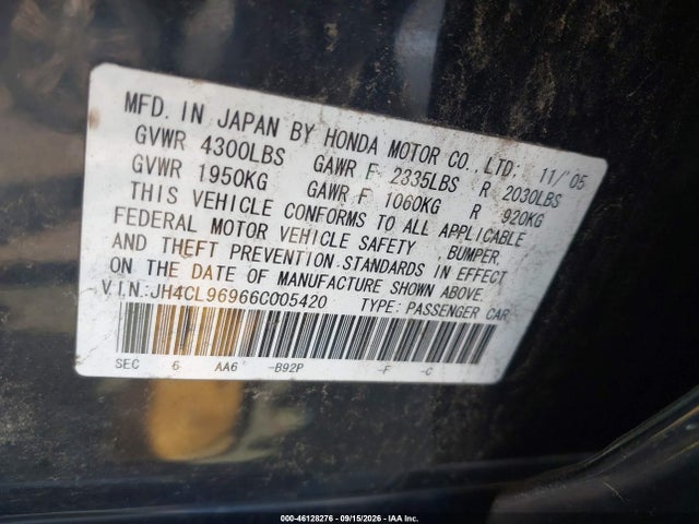 Продажа на аукционе авто 2006 Acura Tsx, vin: JH4CL96966C005420, номер лота: 46128276