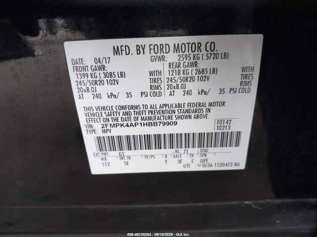 46128284 :رقم المزاد ، 2FMPK4AP1HBB79909 vin ، 2017 Ford Edge Sport مزاد بيع