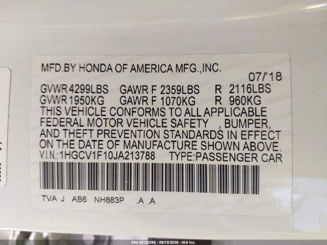 Продаж на аукціоні авто 2018 Honda Accord Lx, vin: 1HGCV1F10JA213788, номер лоту: 46128288