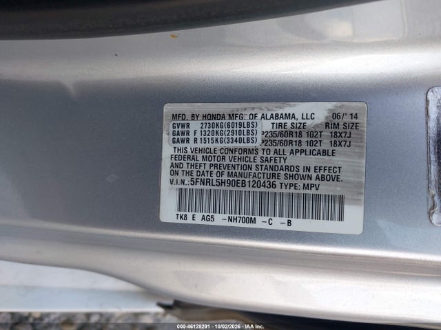 Auction sale of the 2014 Honda Odyssey Touring/touring Elite, vin: 5FNRL5H90EB120436, lot number: 46128291