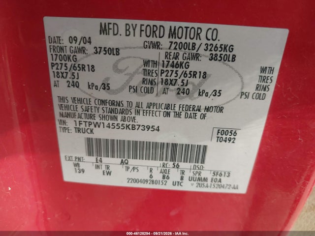 2005 Ford F-150 Fx4/lariat/xlt მანქანა იყიდება აუქციონზე, vin: 1FTPW14555KB73954, აუქციონის ნომერი: 46128294