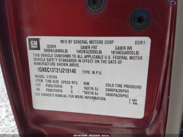 Aukcja sprzedaży 2001 Chevrolet Tahoe Ls, vin: 1GNEC13T21J219148, numer aukcji: 46128298