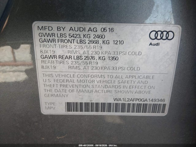 Aukcja sprzedaży 2016 Audi Q5 2.0t Premium, vin: WA1L2AFP0GA149346, numer aukcji: 46128305