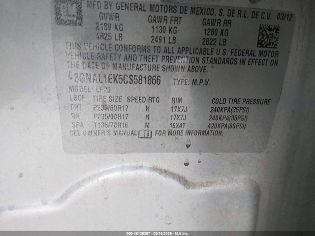 46128307 :رقم المزاد ، 3GNAL1EK5CS581866 vin ، 2012 Chevrolet Captiva Sport 1ls مزاد بيع