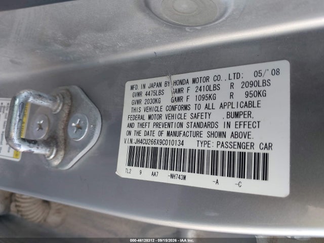 2009 Acura Tsx მანქანა იყიდება აუქციონზე, vin: JH4CU266X9C010134, აუქციონის ნომერი: 46128312