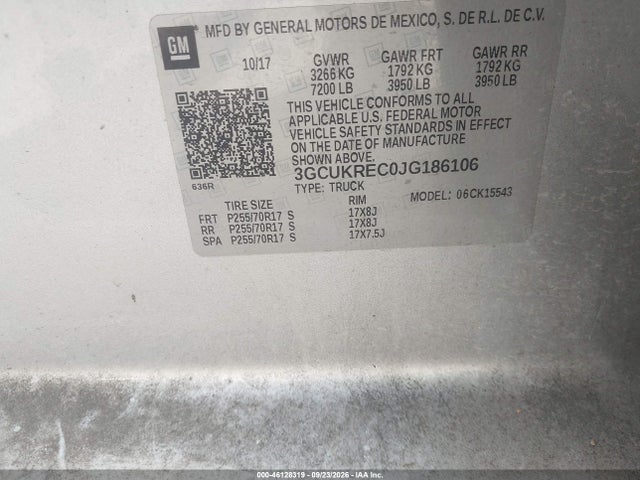 Aukcja sprzedaży 2018 Chevrolet Silverado 1500 1lt, vin: 3GCUKREC0JG186106, numer aukcji: 46128319