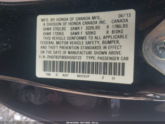 Продажа на аукционе авто 2013 Honda Civic Ex, vin: 2HGFB2F80DH550122, номер лота: 46128320