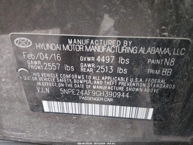 2016 Hyundai Sonata Se მანქანა იყიდება აუქციონზე, vin: 5NPE24AF9GH390944, აუქციონის ნომერი: 46128329