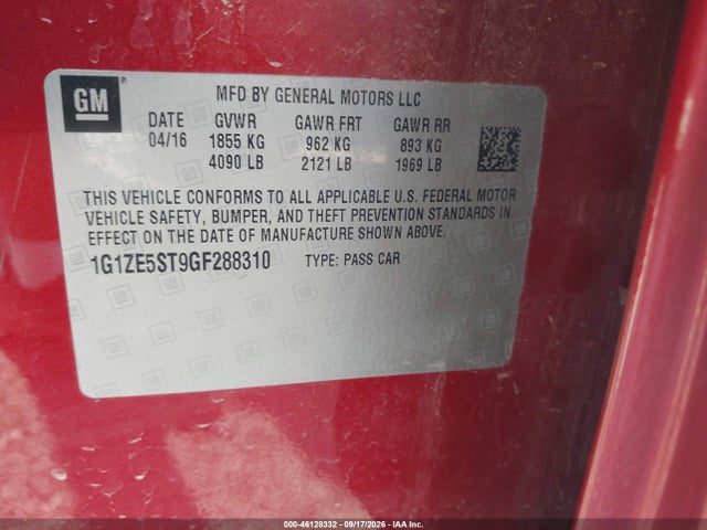 46128332 :رقم المزاد ، 1G1ZE5ST9GF288310 vin ، 2016 Chevrolet Malibu 1lt مزاد بيع