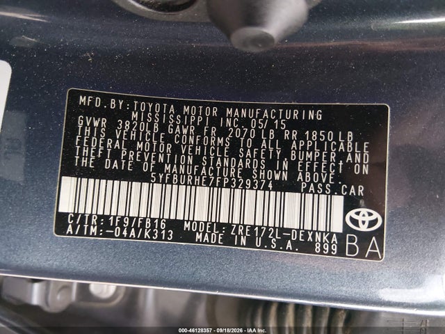Продажа на аукционе авто 2015 Toyota Corolla Le, vin: 5YFBURHE7FP329374, номер лота: 46128357