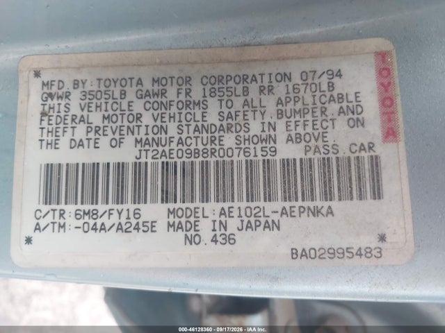 46128360 :رقم المزاد ، JT2AE09B8R0076159 vin ، 1994 Toyota Corolla Le/dx مزاد بيع