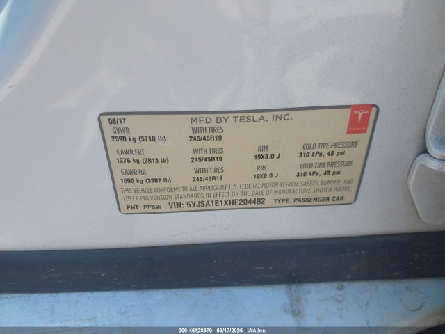 Продажа на аукционе авто 2017 Tesla Model S 60/75, vin: 5YJSA1E1XHF204492, номер лота: 46128370