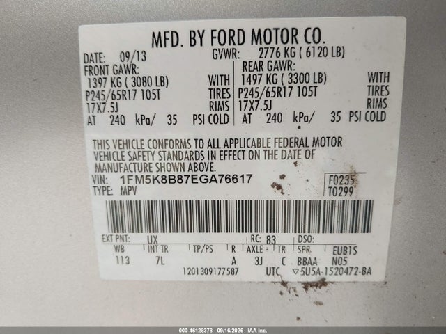 2014 Ford Explorer მანქანა იყიდება აუქციონზე, vin: 1FM5K8B87EGA76617, აუქციონის ნომერი: 46128378