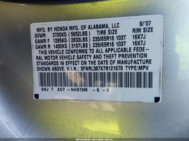2007 Honda Odyssey Ex-l მანქანა იყიდება აუქციონზე, vin: 5FNRL387X7B121678, აუქციონის ნომერი: 46128380
