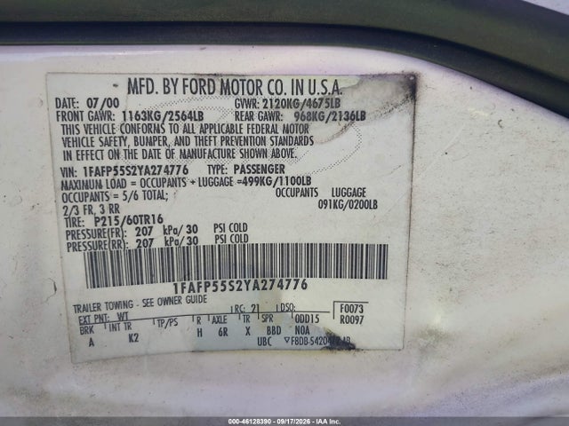 Продаж на аукціоні авто 2000 Ford Taurus Ses, vin: 1FAFP55S2YA274776, номер лоту: 46128390