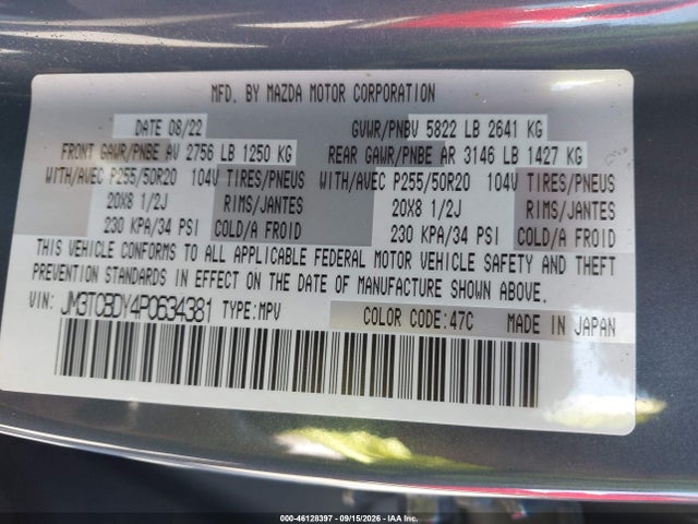 46128397 :رقم المزاد ، JM3TCBDY4P0634381 vin ، 2023 Mazda Cx-9 Carbon Edition مزاد بيع