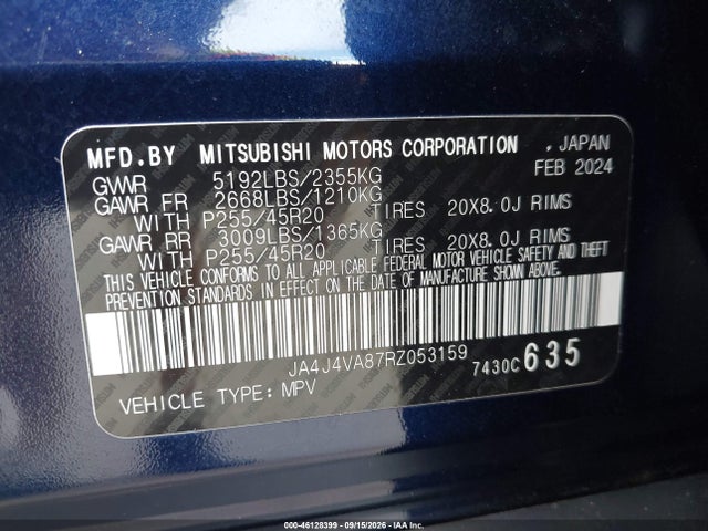 46128399 :رقم المزاد ، JA4J4VA87RZ053159 vin ، 2024 Mitsubishi Outlander Se 2.5 S-awc/se Black Edition S-awc/se Black Edition W/pano Roof S-awc/se Ralliart S-awc مزاد بيع