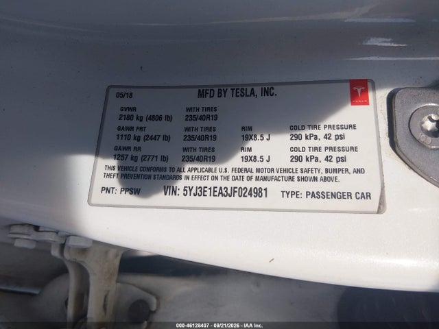 2018 Tesla Model 3 Long Range/mid Range მანქანა იყიდება აუქციონზე, vin: 5YJ3E1EA3JF024981, აუქციონის ნომერი: 46128407