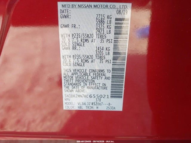 Aukcja sprzedaży 2019 Nissan Pathfinder Platinum, vin: 5N1DR2MN7KC655021, numer aukcji: 46128408