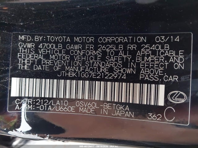 46128417 :رقم المزاد ، JTHBK1GG7E2122974 vin ، 2014 Lexus Es 350 مزاد بيع