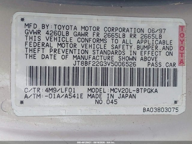 Aukcja sprzedaży 1997 Lexus Es 300, vin: JT8BF22G3V5006526, numer aukcji: 46128421
