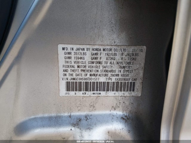 46128432 :رقم المزاد ، JHMGE8H59BC001517 vin ، 2011 Honda Fit Sport مزاد بيع